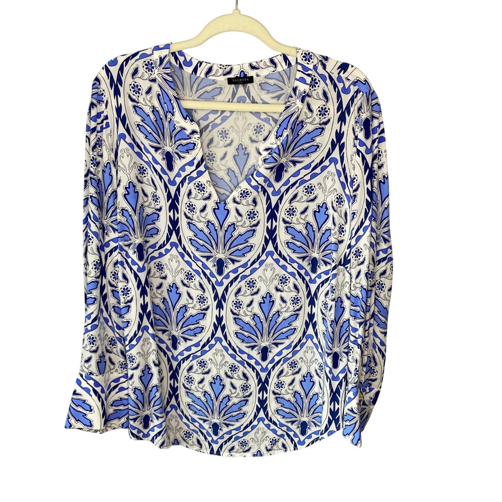 Talbots Plus Blue White Floral Medallion Split Neck Blouse Long Sleeve Top 2X